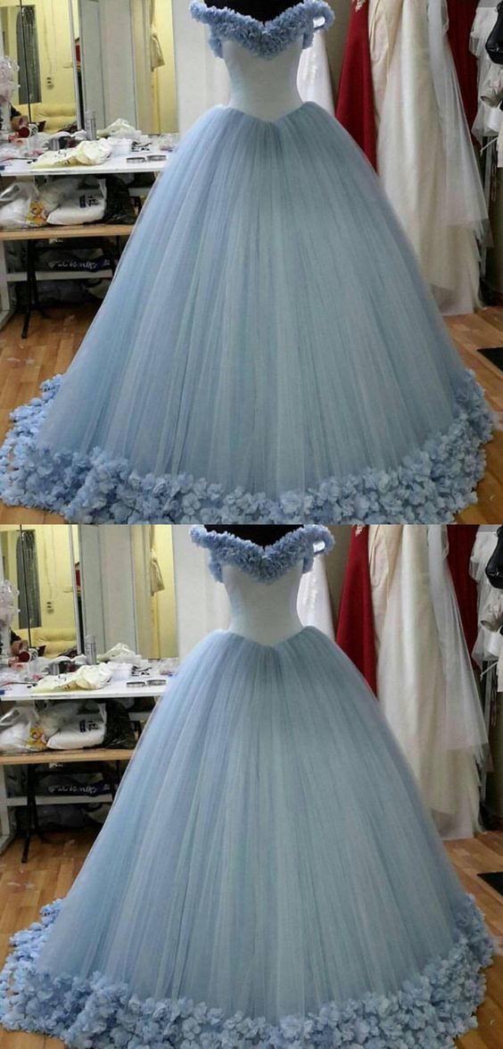 Light Blue Tulle V-neck Off Shoulder Ball Gowns Flowers Wedding Dresses Quinceanera Dresses