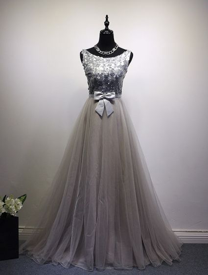 Gray Party Dress Scoop Neck Evening Dress Tulle Silver Sequins Prom Dress Bow Sash Formal Dress