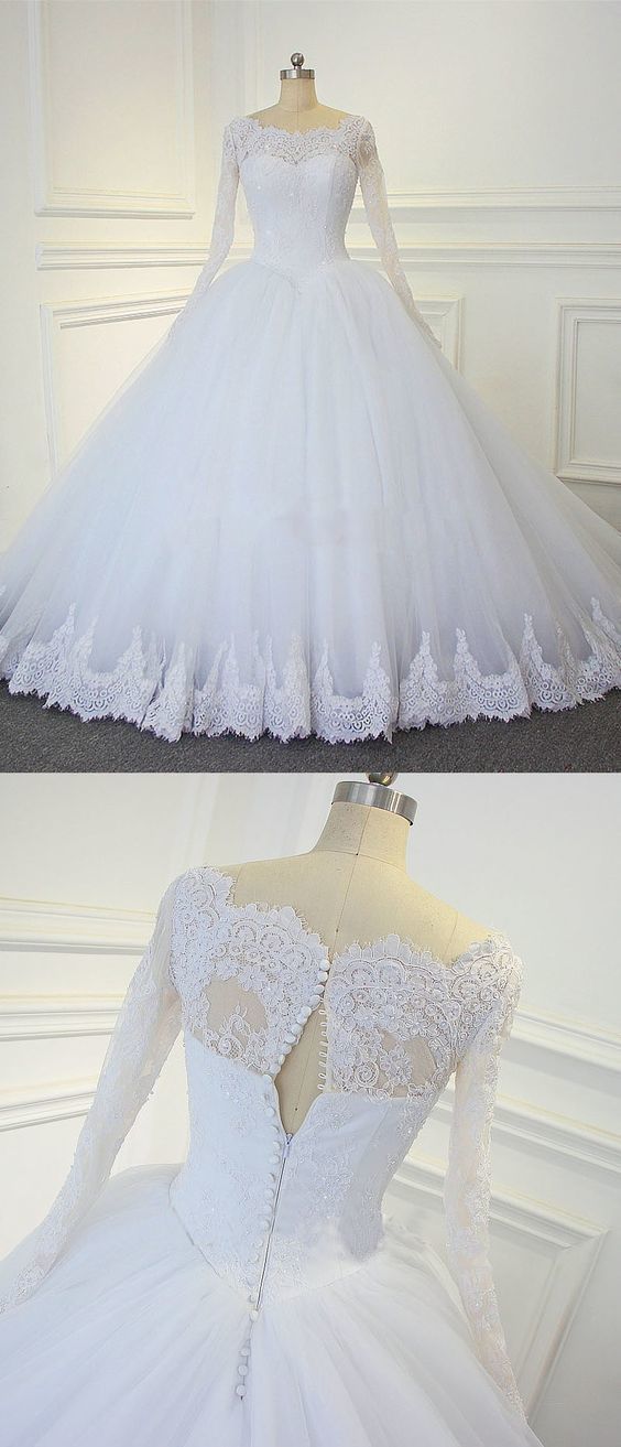 Long Prom Dress,sexy Ball Gowns,formal Long Sleeve Appliques White Tulle Ball Gown Wedding Dresses, Fashion