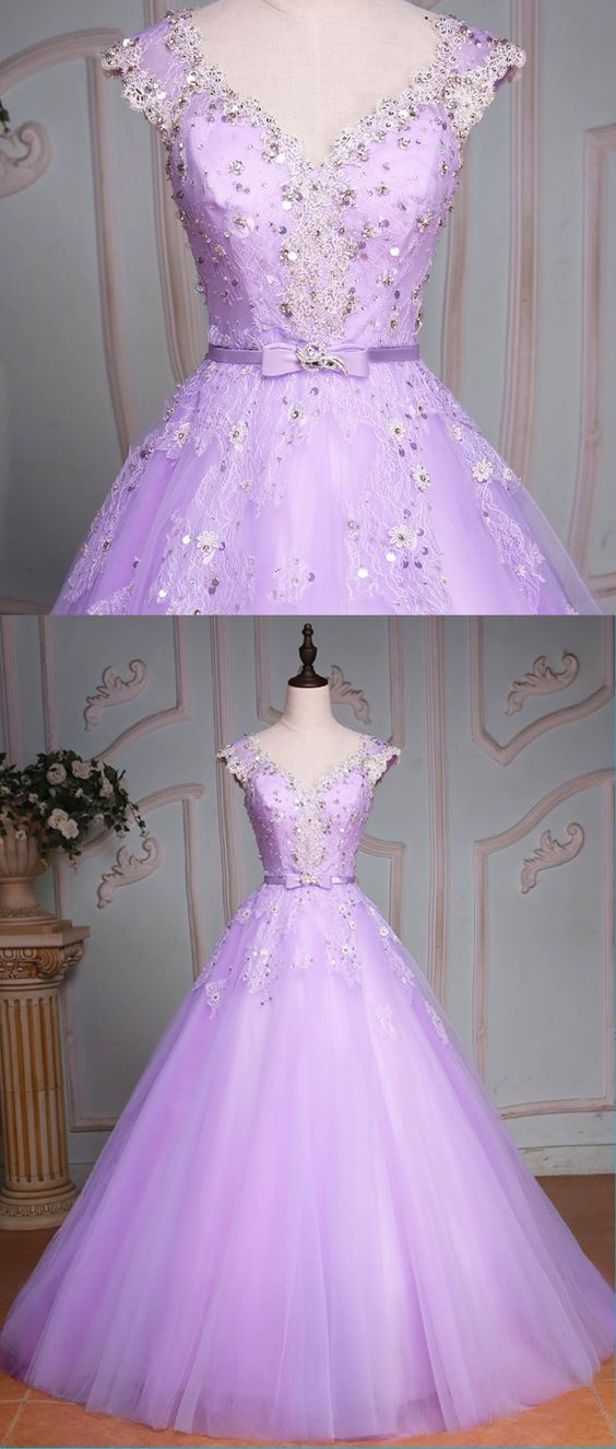 Lavender tulle cap sleeve beaded long evening dress, senior lace prom dress