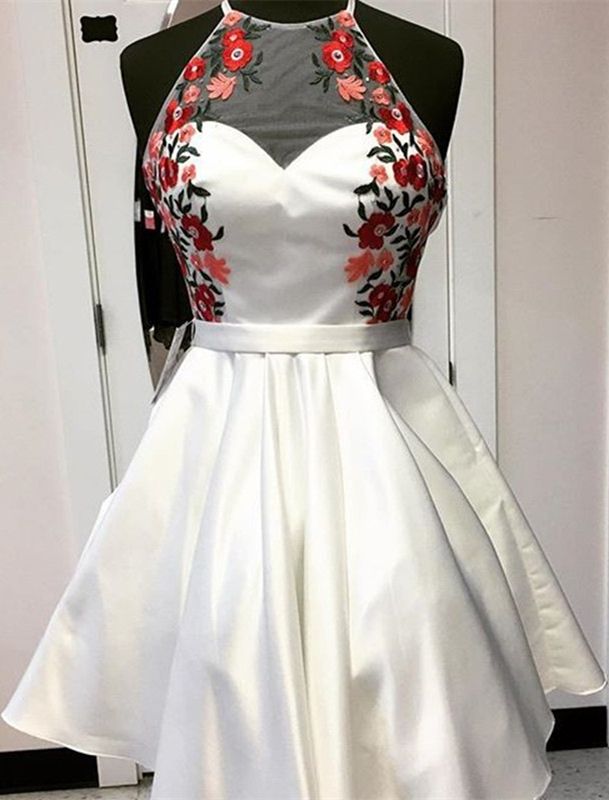 A-line Round Neck Backless Short White Satin Homecoming Dress With Appliques