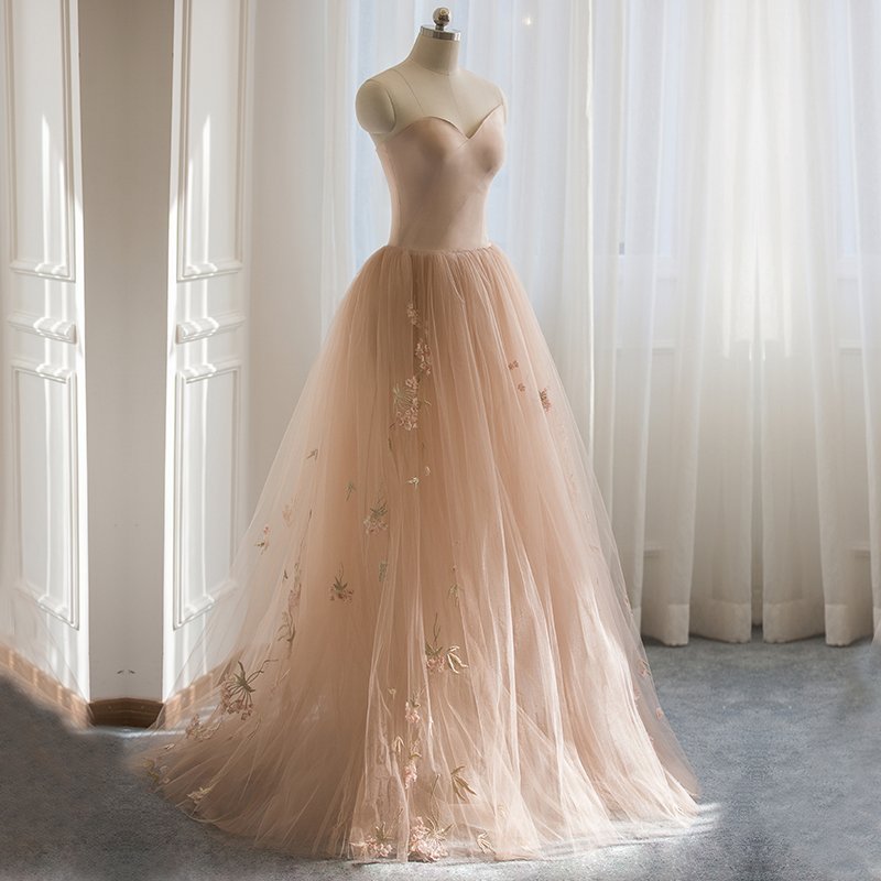 Gorgeous Sweetheart Long A-line Tulle With Embroidery Prom Dresses, Prom Dresses,