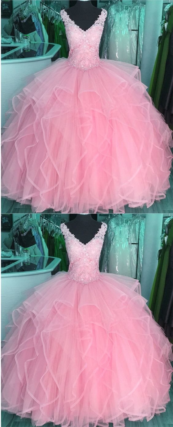 Elegant Lace Appliques V-neck Ruffles Ball Gowns Quinceanera Dresses Blush Pink