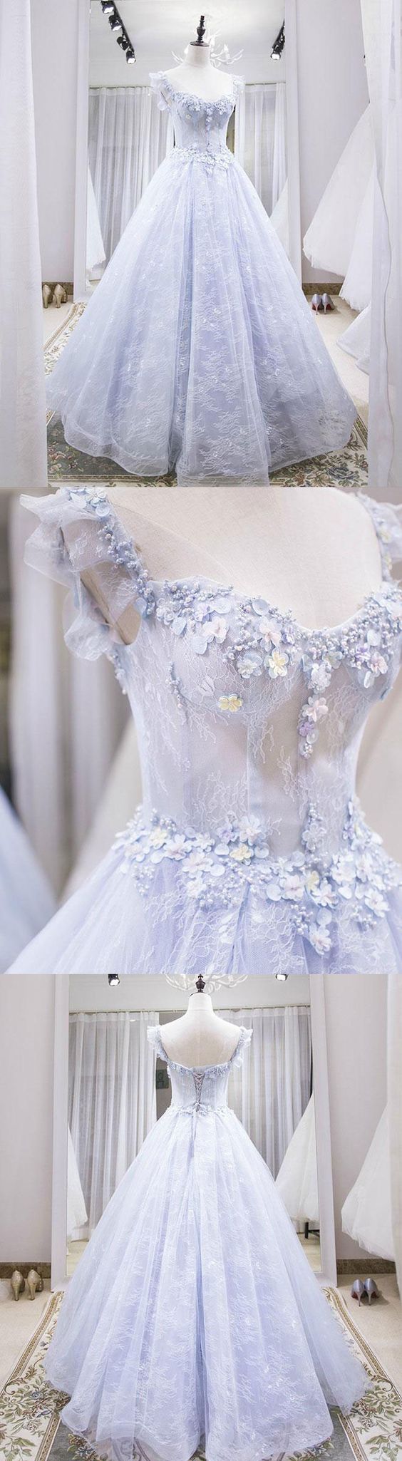 Light Blue Tulle Lace Long Prom Dress, Blue Evening Dress