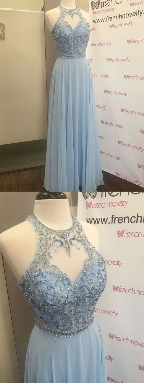 Glamorous Chiffon Jewel Neckline Floor-length A-line Prom Dresses With Beadings,halter Neck Prom Dresses