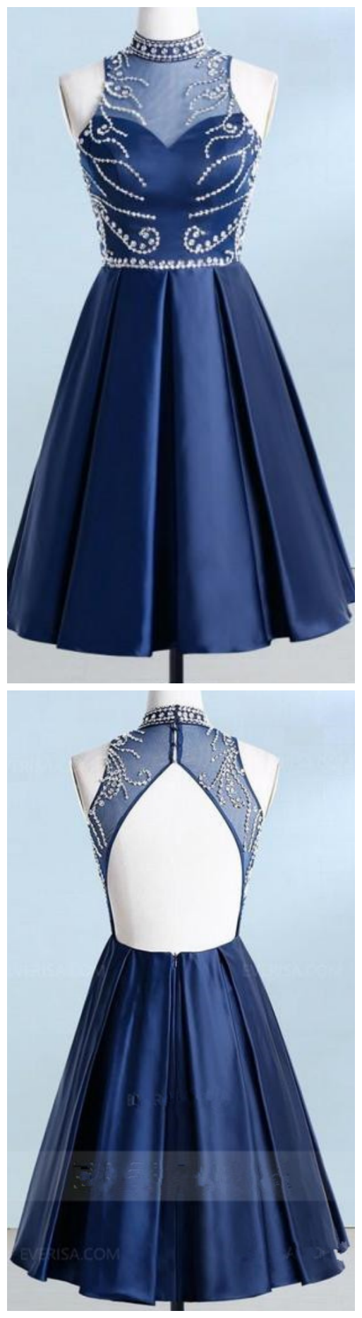 Navy Blue Sleeveless Beaded Homecoming Dresses,a Line Cocktail Dresses
