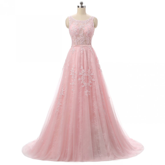 Scoop Neck A-line Pink Tulle Prom Dress Lace Appliques Open Back Women Party Dress