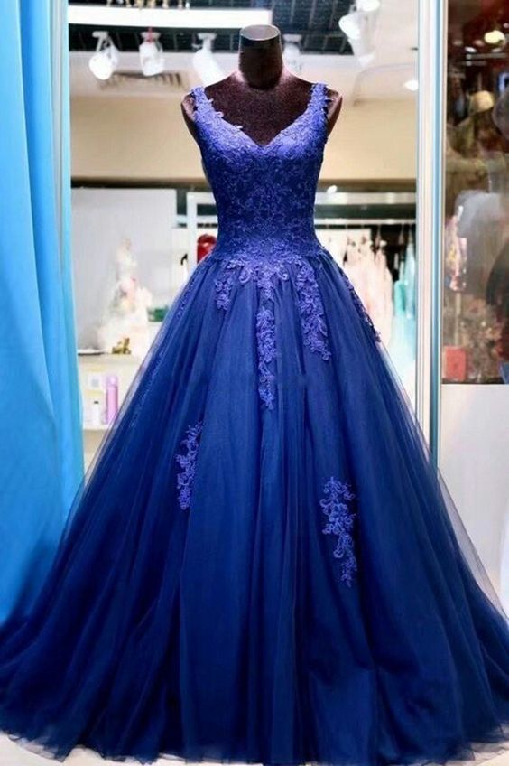 Blue Prom Dress,tulle Evening Dresses,appliques Prom Dresses,v-neck Prom Gown