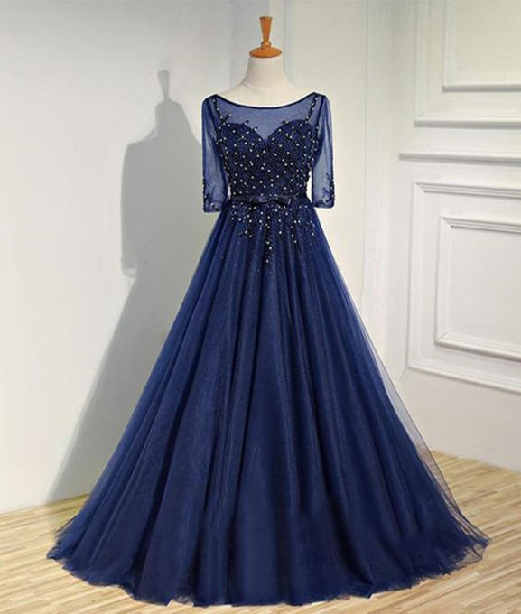 Navy Prom Dress,tulle Evening Dresses,a-line Prom Dresses,beading Prom Gown