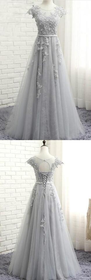 Lace Applique Prom Gowns,sexy Prom Dress, Prom Dress,gray Evening Dresses, A-line Evening Gowns