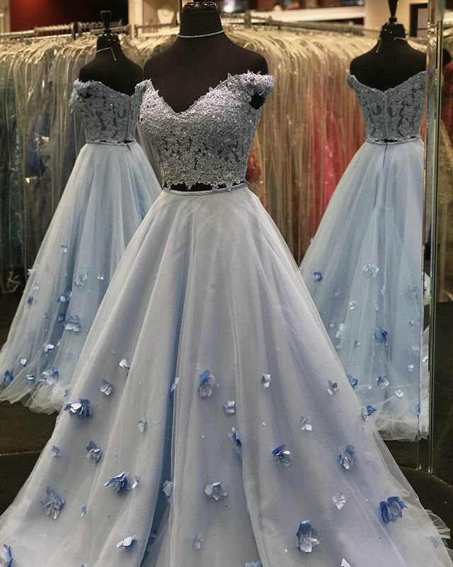 Lace And Tulle Two Piece Prom Dresses,light Sky Blue Prom Dresses