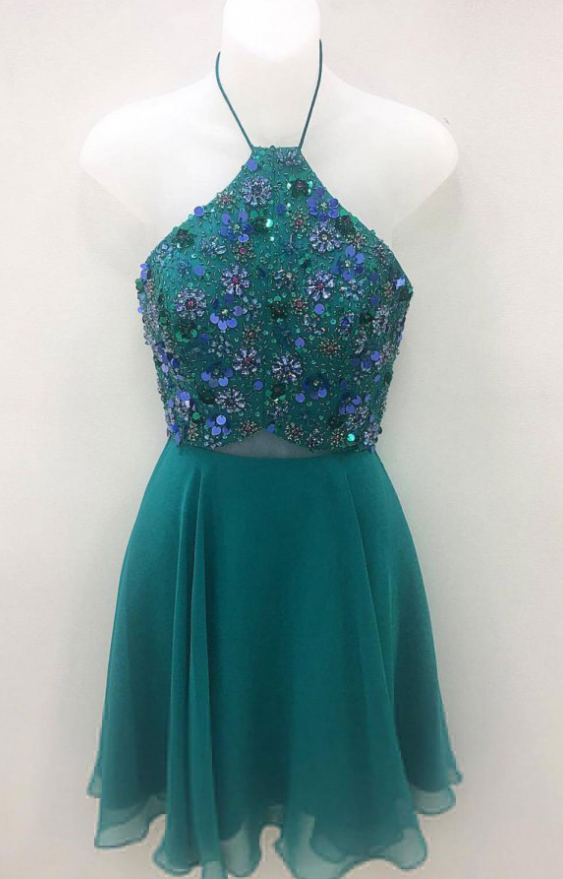 A Line Green Chiffon Short Prom Dresses,sequins Cute Mini Homecoming Dresses, Sleeveless Party Dress,homecoming Dresses