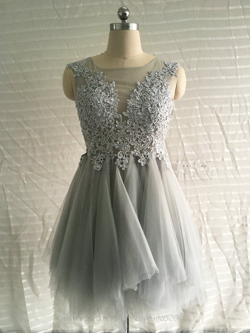 Silver Tulle Lace Short Homecoming Dresses Sheer Nack Cocktail Party Gowns ,strapless Short Prom Gowns