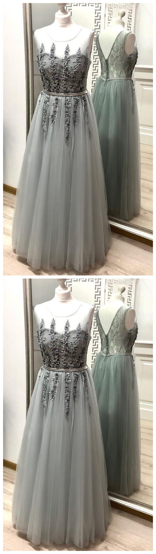 Neck Appliques Floor Length Grey Prom Dress
