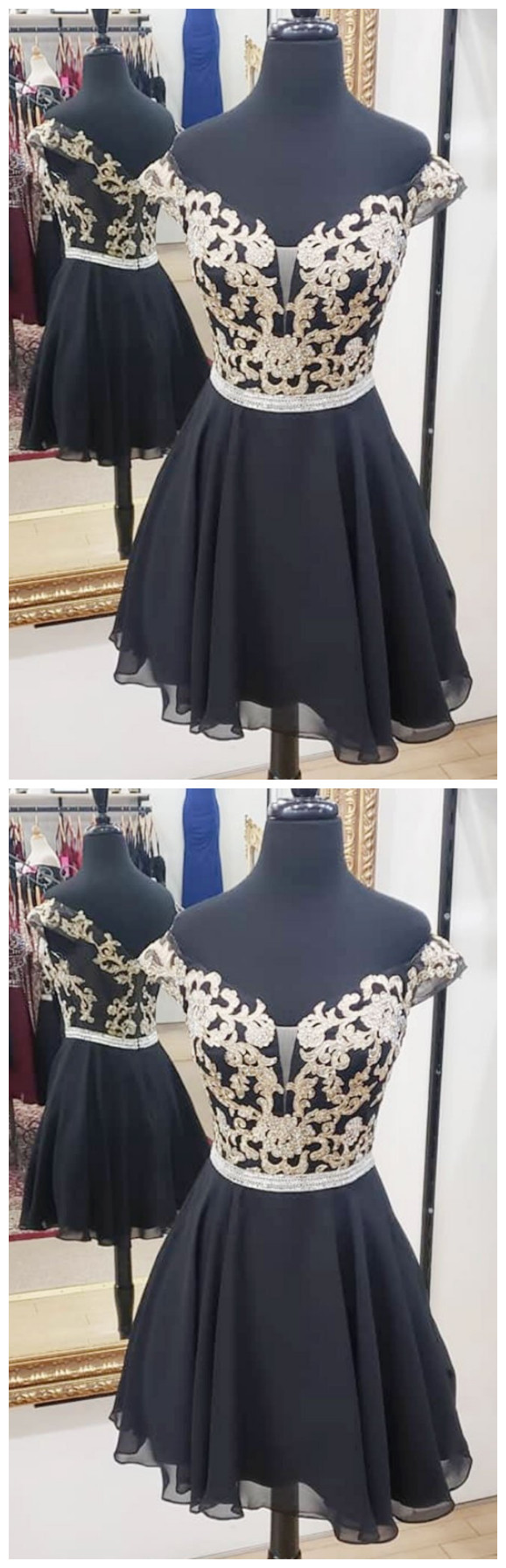 Black Chiffon Lace Short Prom Dress, Black Homecoming Dress