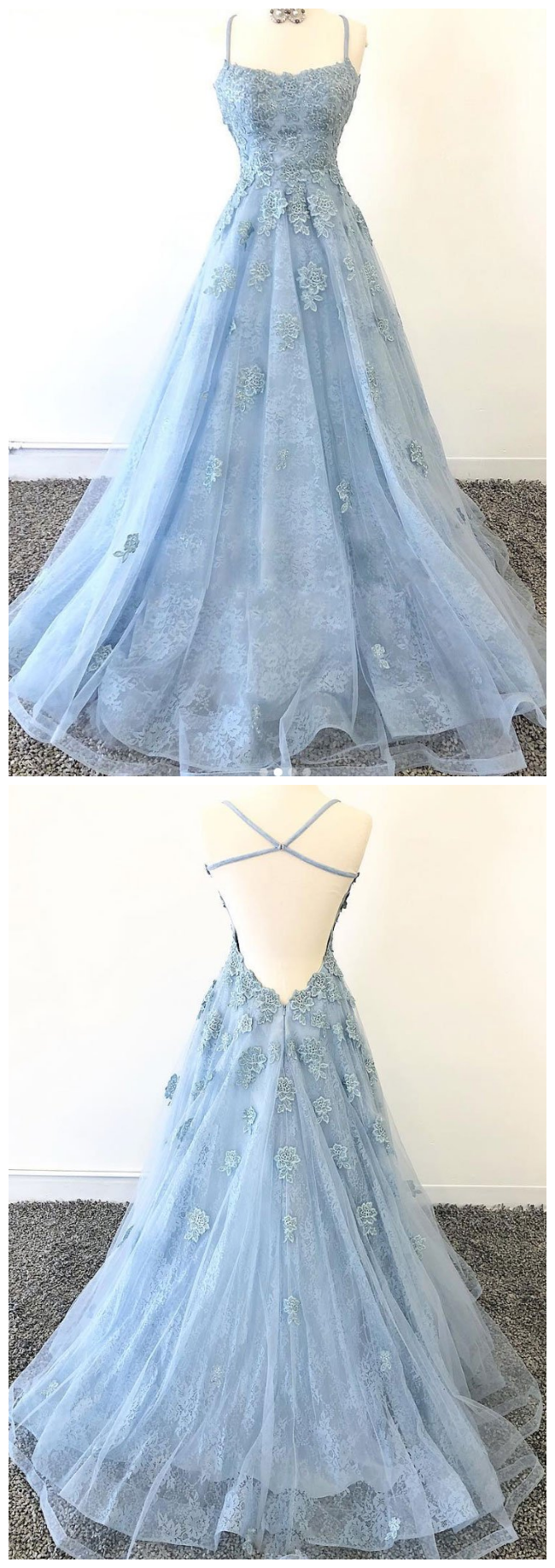 Tulle Lace Long Prom Dress, Blue Tulle Lace Evening Dress