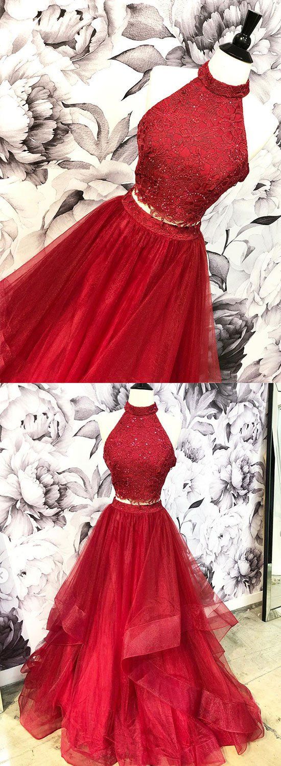Burgundy Two Pieces Lace Long Prom Dress, Evening Dress