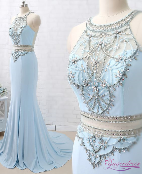 Mock Two Piece Light Blue Mermaid Prom Dress With Rhinestones