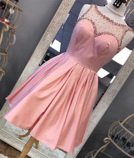 Princess A-line Pink Short Beads Homecoming Dress