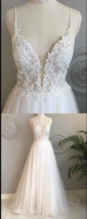 A Line V Neck Backless White Lace Prom Dresses, Backless White Lace Wedding Dress, Lace Bridesmaid Dresses