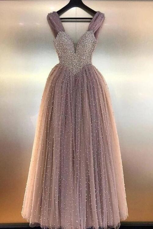 Unique Sweetheart Tulle Beads Long Prom Dress, Tulle Evening Dress