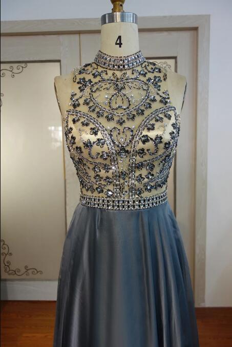 Grey beads sparkly high neck open back vintage elegant homecoming dress c3076