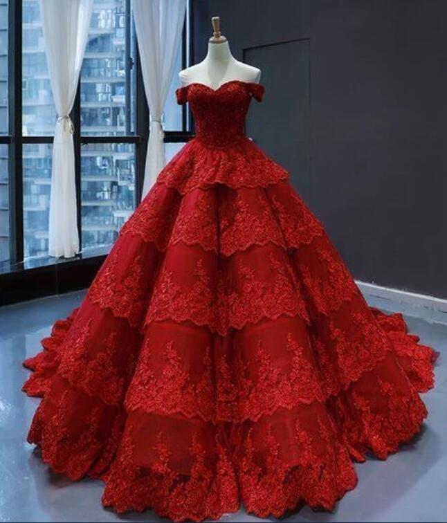 Red Lace Multi-layered Sweetheart Formal Prom Dress, Evening Dress