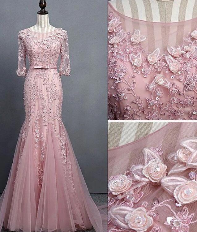 Pink Round Neck Tulle Lace Mermaid Long Prom Dress, Pink Evening Dress