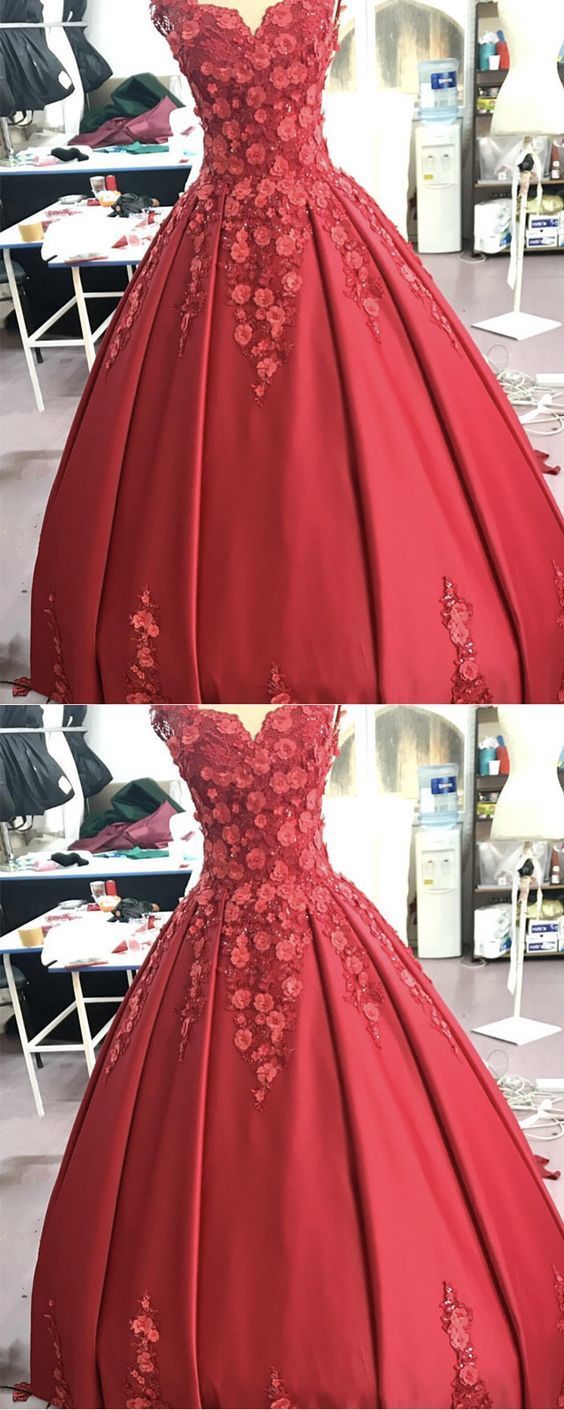 Red Wedding Dress Ball Gown Satin V Neck