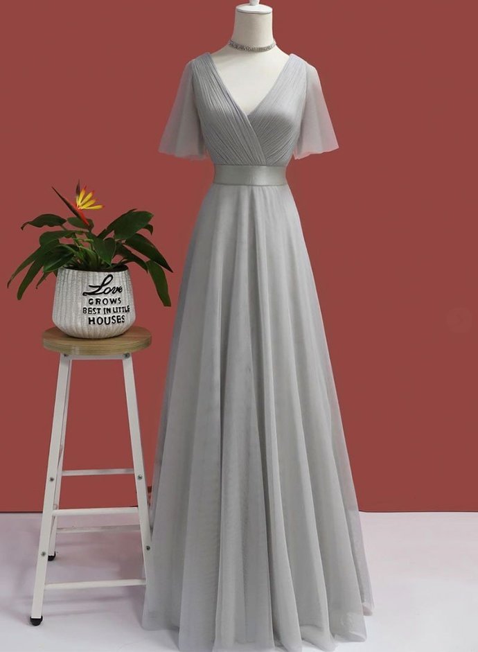 Gray v neck chiffon long prom dress simple evening dress