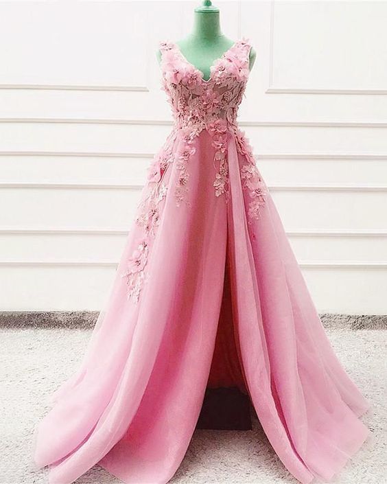 Tulle Long Split Prom Dresses Lace Flowers Embroidery