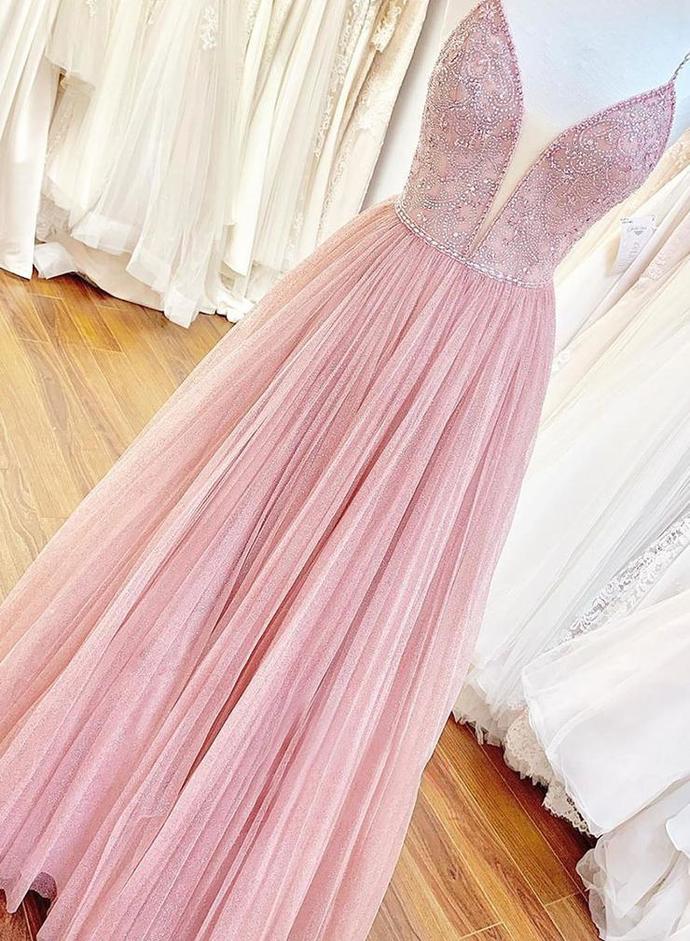 Pink Tulle Beads Long Prom Dress Pink Evening Dress