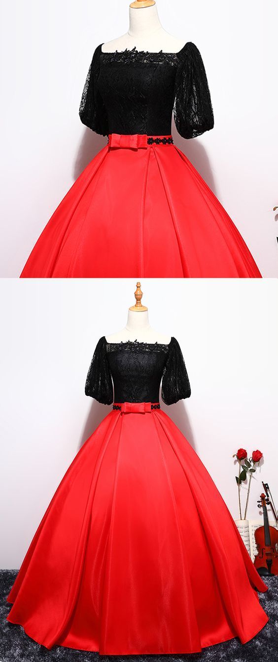 Cute Black Lace Prom Dress Black Round Neck Satin Lace High Low Prom Dress ,lace prom dress cg288 main image 0
