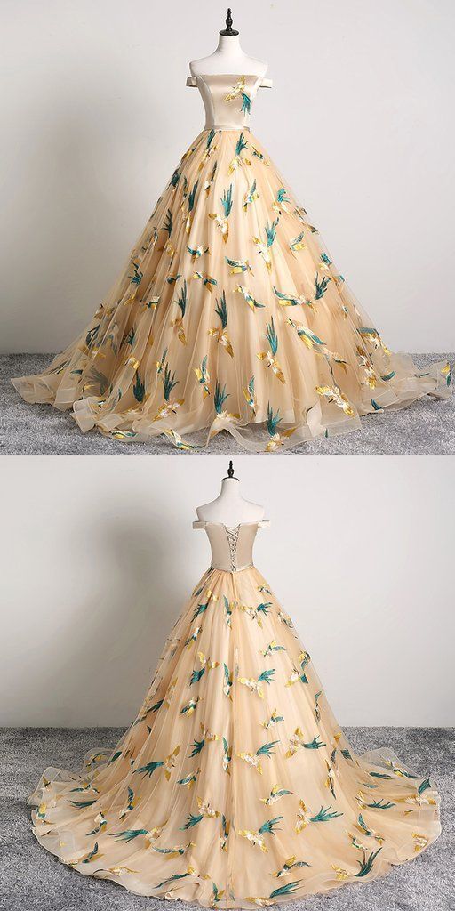 Unique Champagne Embroidery Tulle Satin Off Shoulder Long Senior Prom Dress With Sleeve