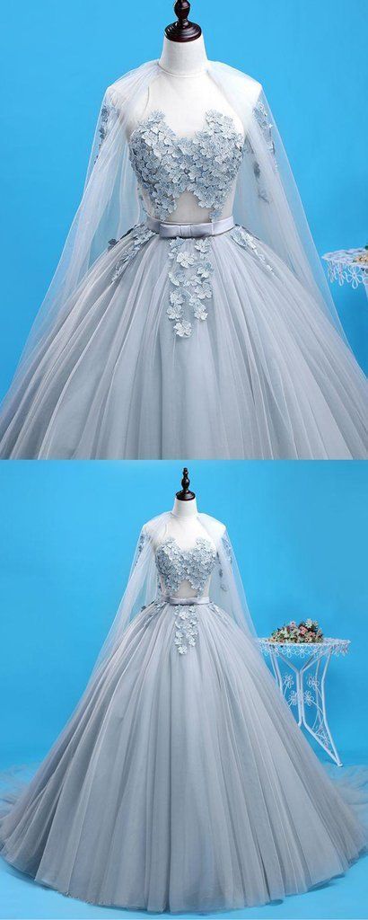 Grey Tulle Tulle Lace Long Formal Prom Dress With Lace Applique Ml