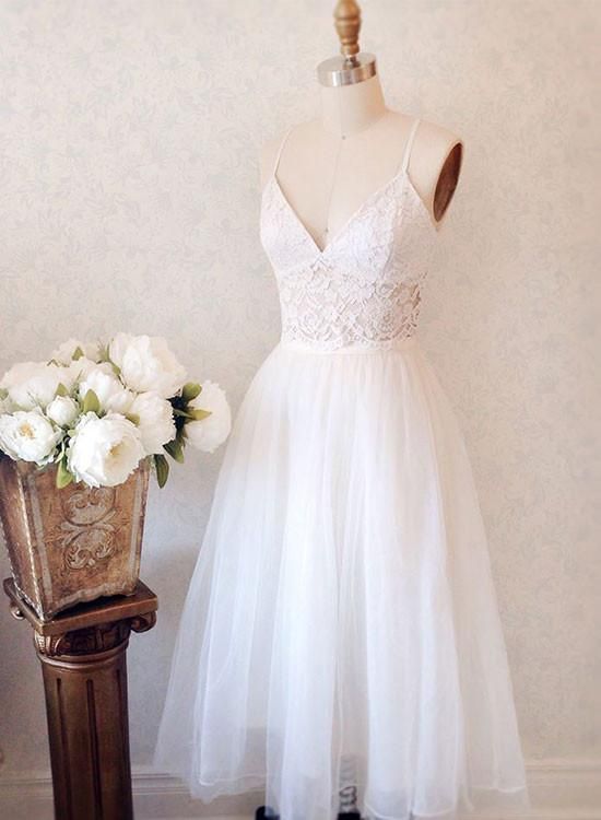 White Lace V Neck Short Prom Dress, Homecoming Dress