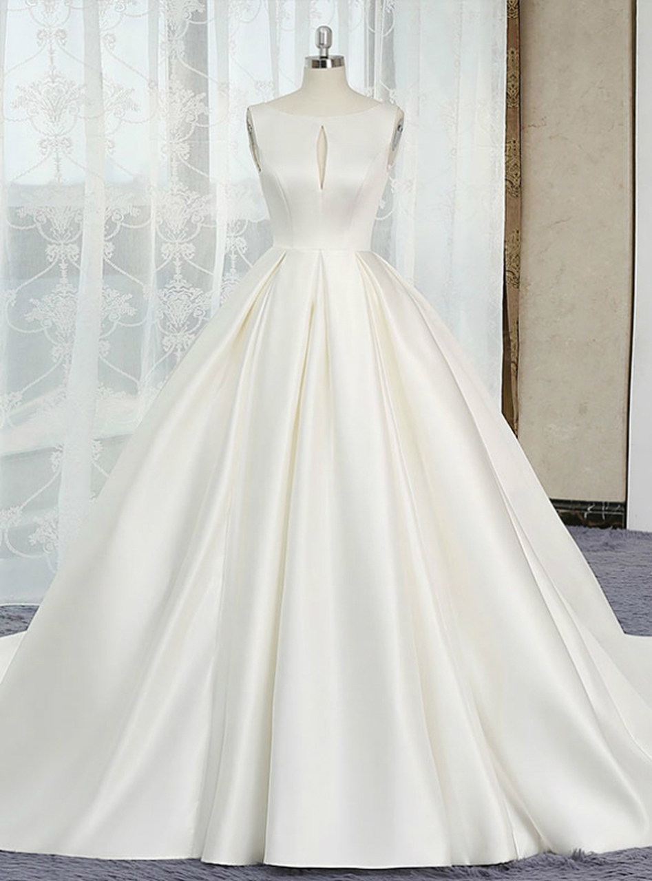 Ivory White Ball Gown Satin Cut Out Backless Wedding Dress,