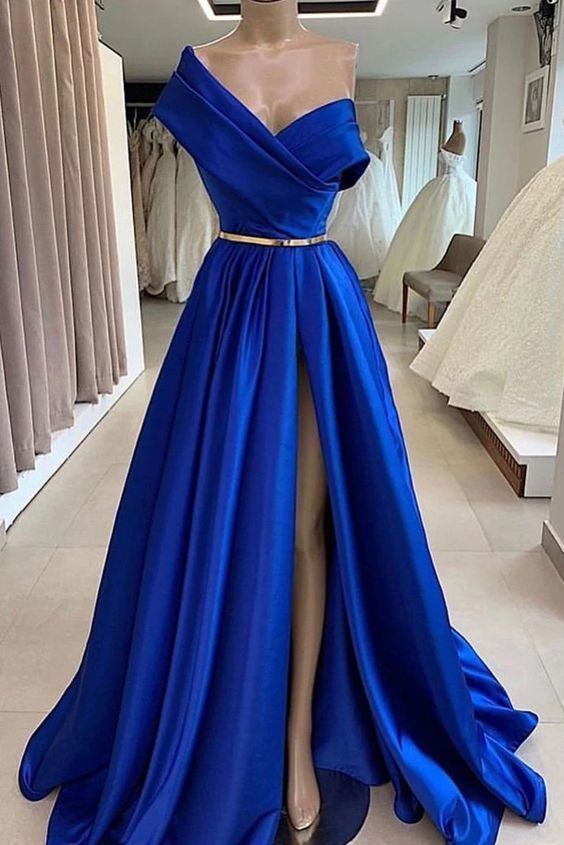 Blue Satin V Neck Long Side Slit Prom Dress, Royal Blue Evening Dress