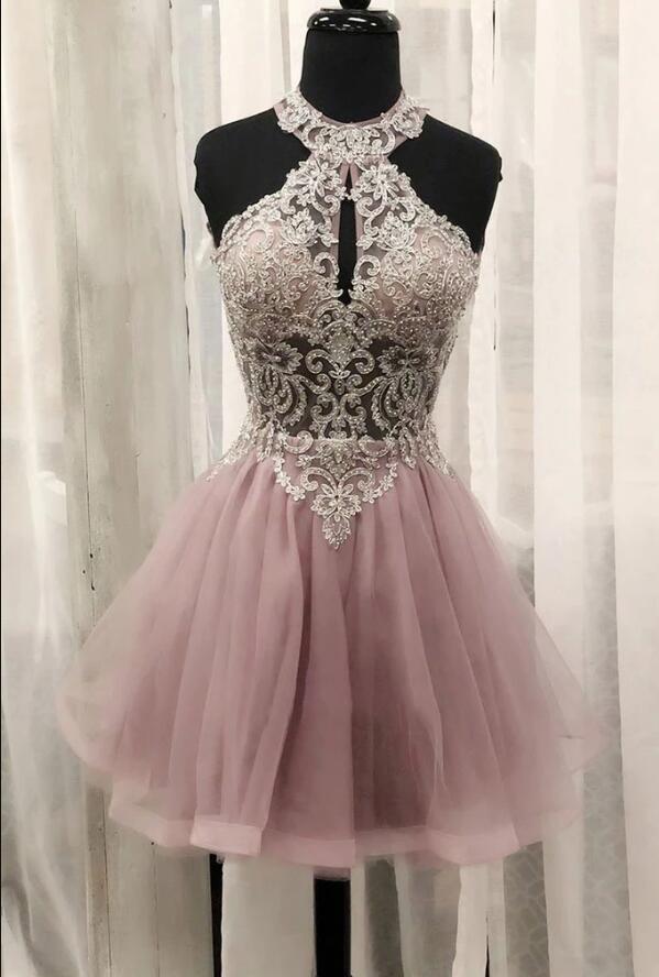 Pink Tulle Lace Short Prom Dress Pink Homecoming Dress