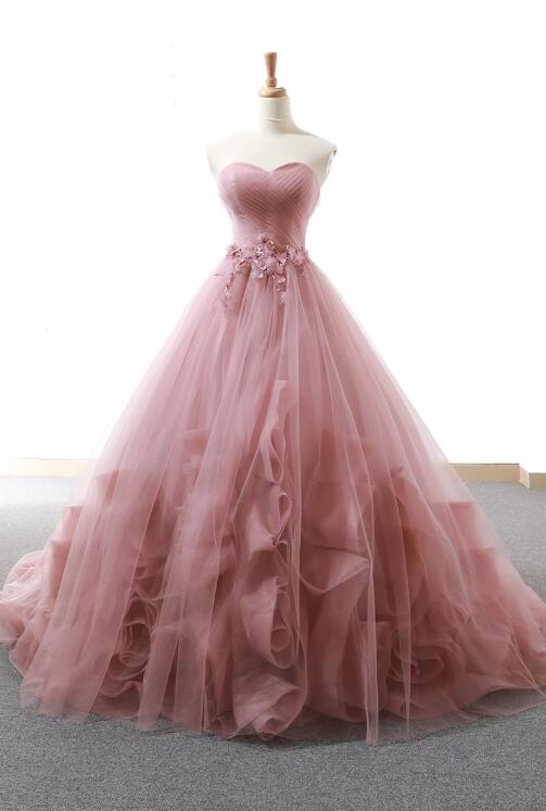 Pink Sweetheart Tulle Long Prom Gown, Tulle Evening Dress