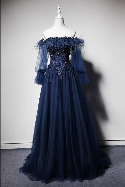 dark blue fall dress Navy Blue Long Prom Dress with Gold Sequins main image 1