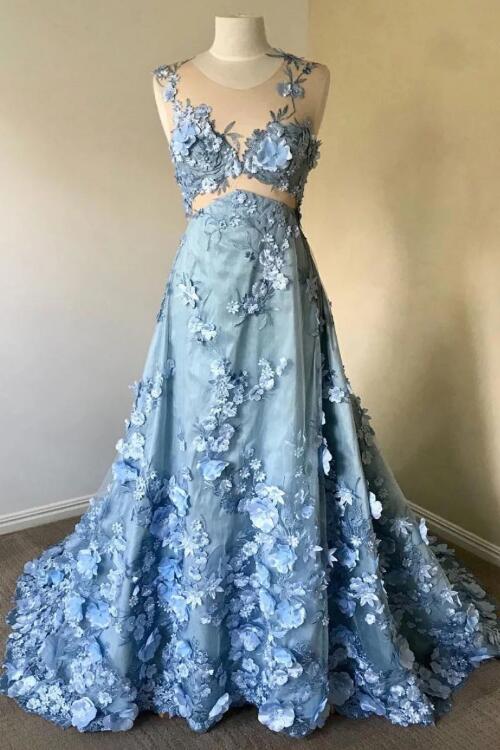 Blue Round Neck Lace Long Prom Dress, Blue Lace Evening Dress