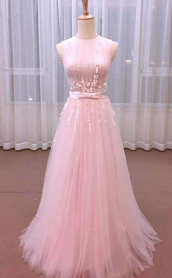 Pink Tulle Sequins Long Sweet 16 Prom Dress With Bowed Sash