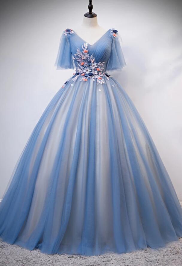 Blue Tulle Short Sleeve V Neck 3d Lace Applique Long Prom Dress, Formal Dress