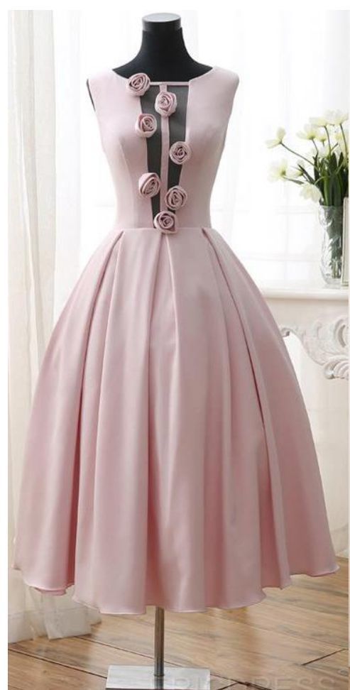 3d-floral Flowers Homecoming Dresses Tea Length Sexy Low V Back Pink Girl Prom Dresses