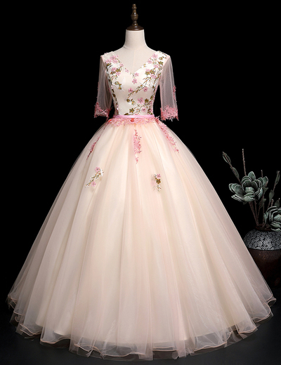 Unique Pink Tulle V Neck Long Lace Applique Evening Dress With Mid Sleeve