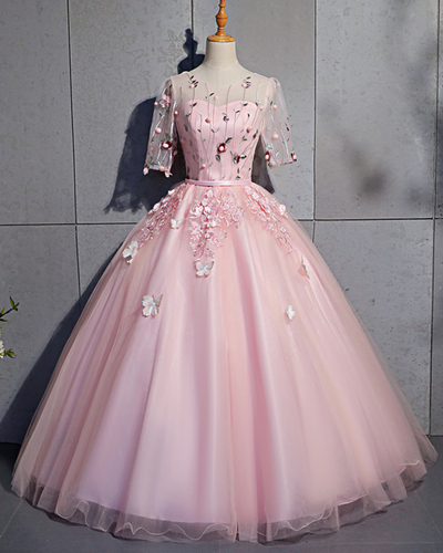 Pink Tulle Mid Sleeve Embroidery Lace Sweet 16 Prom Dress, Quinceanera Dress