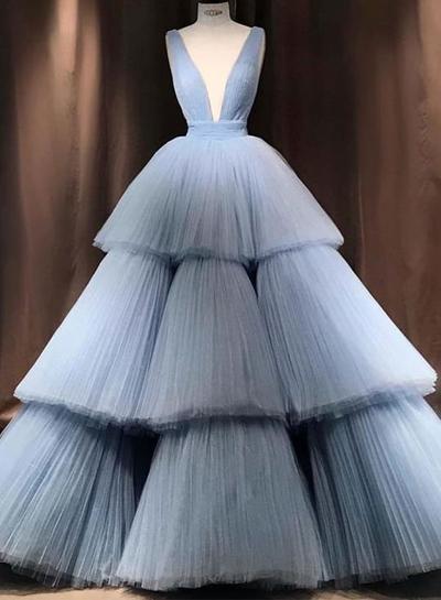 Blue Tulle V Neck Layered Long Formal Prom Dress, Ball Gown