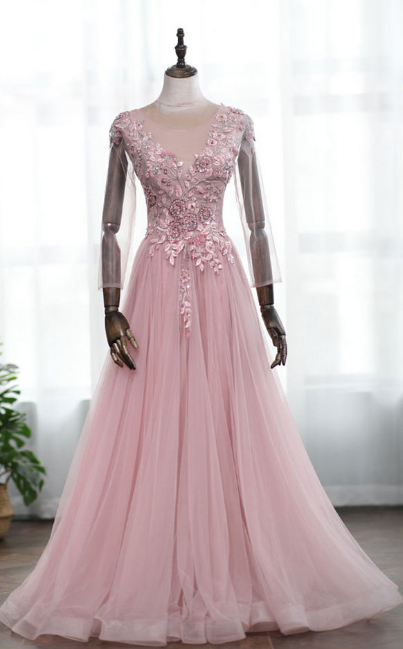 Pink Tulle Embroidery Beaded Long Sleeve Formal Prom Dress, Evening Dress
