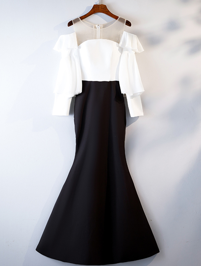 Black And White Satin Long Mermaid Vintage Prom Dress With Sleeve